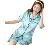 JCNAGXY Pyjamas pour Femmes Ensemble en Soie Satin Pyjamas d'été décontracté Cols de Sommeil à Manches Courtes + Shorts de Nuit
