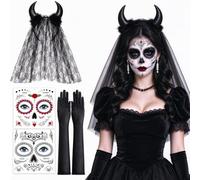 JCOT ia de los Muertos Serre-tête avec voile pour Halloween, le jour des morts, bandeau mexicain avec têtes de mort et roses