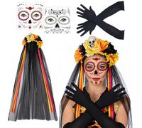 JCOTCL Halloween Jour des Morts Serre-Tête Fleur Araignée Mexicains Crâne Rouge Rose, Tatouages Visage Halloween, pour Halloween Costume Jour des Morts
