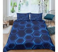 JCOUSDAEO Bleu Hexagon Motif Linge de Lit Microfibre Hypoallergique 3 Pièces 3D Effet Douce Tech Futuristic Ensemble De Literie avec Fermeture Éclair Résistante for Chambre Enfants Double（200x200cm）