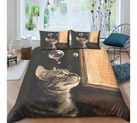 JCOUSDAEO Chat Gazing Window Parure de Lit Microfibre résistante 3 pièces 3D Imprimée Léger Artistique Whimsical Housse de Couette avec Taie d'oreiller Entretien Facile for Ado Single（135x200cm）