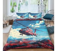 JCOUSDAEO Rouge Helicopter Volant Linge de Lit 3D Effet Microfibre 3 Pièces Hypoallergique Adventure Illustration Parure de Lit avec Taie d'oreiller Super Douce for Chambre Enfants Single（135x200cm）