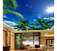 JCSMKFQ Fresque murale 3D pour salon Papier peint Ciel bleu nuages blancs cocotiers mouettes Décoration intérieure pour plafond Stickers muraux artistiques