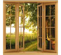 JCSMKFQ Papier peint 3D autocollant en PVC, décor mural représentant une forêt et une prairie vues depuis la fenêtre, pour salon et chambre à coucher