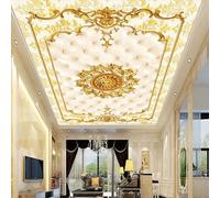 JCSMKFQ Papier peint autocollant mural en PVC 3D pour salon motif fleurs dorées pack souple décoration de plafond intérieur art mural peinture autocollante