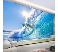 JCSMKFQ Papier peint mural 3D représentant des dauphins des vagues et du soleil ; décoration murale pour la maison ; stickers en tissu de soie.