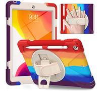 JCTek Coque antichoc pour iPad 10,2" 2020/2019 8e/7e génération avec protecteur d'écran et béquille rotative, poignée et bandoulière, hybride (rouge multicolore)