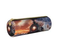JCVOTREL Trousse à crayons ronde en cuir imprimé palmier tropical avec fermeture éclair pour l'école, les voyages, le bureau, Train à vapeur Depart Sunset, Taille unique, Trousse de maquillage