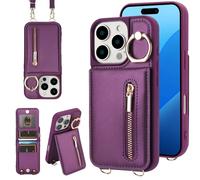 Jcxtrombulous Coque pour iPhone 14 Pro Coque Etui avec Sangle Réglable Portefeuille en Cuir Anti-RFID Pochette Magnétique Flip Case Étui Cover Housse Protection avec Anneau-Violet Fonce