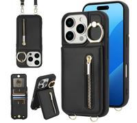 Jcxtrombulous Coque pour iPhone 14 Pro Max Coque Etui avec Sangle Réglable Portefeuille en Cuir Anti-RFID Pochette Magnétique Flip Case Étui Cover Housse Protection avec Anneau-Noir