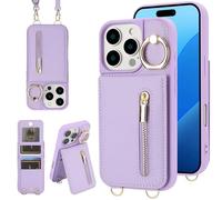 Jcxtrombulous Coque pour iPhone 16 Pro Max Coque Etui avec Sangle Réglable Portefeuille en Cuir Anti-RFID Pochette Magnétique Flip Case Étui Cover Housse Protection avec Anneau-Violet