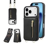 Jcxtrombulous Coque pour iPhone 17 Pro Coque Etui avec Sangle Réglable Portefeuille en Cuir Anti-RFID Pochette Magnétique Flip Case Étui Cover Housse Protection avec Anneau-Noir