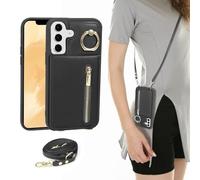Jcxtrombulous Coque pour Samsung Galaxy S24 Coque Etui avec Sangle Réglable Portefeuille en Cuir Anti-RFID Pochette Magnétique Flip Case Étui Cover Housse Protection avec Anneau-Noir