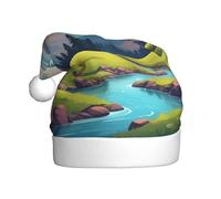 JDbncxe Chapeau de Noël avec imprimé montagnes vertes et eaux claires pour adultes - Chapeau de Père Noël unisexe, cadeaux de Noël, Nouvel An, couvre-chef festif