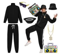 JDFAIJEAL Ensemble Costume Hip-Hop pour Hommes - Veste d'entraînement noire avec casquette, lunette, chaîne ronde dorée, sacoche de hanche et ballon Boombox - Tenue Hip-Hop pour fête, Halloween