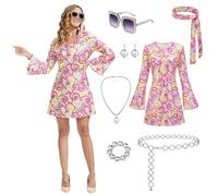 JDFAIJEAL Robe disco des années 70 avec motif géométrique, manches larges, écharpe assortie et ensemble d'accessoires 5 pièces - Rétro - Fête - Tenue pour femme, festival et fête à thème, Rose, S