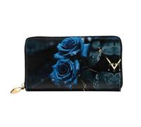 JDFHGNU Motif roses bleues, portefeuille pour femme, portefeuille à longue pochette, porte-cartes de crédit, porte-monnaie de voyage, noir, taille unique, Noir , Taille unique