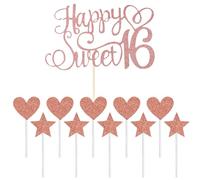 JDNFKG 1 Morceau D'Insert De Gâteau du 16E Anniversaire, 1 Jeu D'Insert Étoile, Décoration De Gâteau De Fête, Drapeau D'Insertion d'anniversaire en Or Rose, Fournitures De Décoration De Fête.