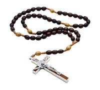 JDNH Collier artistique avec pendentif crucifix en perles de bois tissées à la main, perles de prière de méditation, bijoux pour croyants, chapelet en bois marron, chapelet religieux en