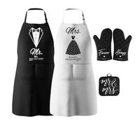 JDNH Ensemble de tabliers à thème pour couple, résistants et faciles à nettoyer, attaches réglables, tabliers en polyester doux avec gants, set de table, cadeau de mariage, Set complet, One Size