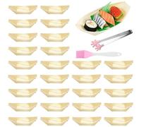 JDNH Lot de 100 assiettes de fête en bois naturel non traité pour sauces, amuse-bouches, bols à usage unique avec pince, brosse et assiettes de service en bois à usage unique