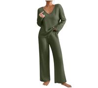 JDNH Tenue d'intérieur d'automne côtelée douce pour femme, haut à manches longues et col en V et pantalon ample décontracté, vêtement de détente pour le week-end, vert militaire
