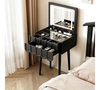 JDPYURV Coiffeuse Créme avec Miroir LED Rabattable, Table de Maquillage 3 Lumières Petite Taille, Dressing Table Style Français(Black,50CM/19.7IN)
