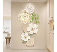 JDPYURV Creamy Nordic 3D Wall Art with LED Lights, Frameless Crystal Porcelain Design, Pendulum Clock, and Realistic Greenery for Living Room, Dining, and Entryway Décor(A,50 * 100cm/19.7 * 39.4in)