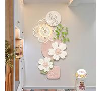 JDPYURV Creamy Nordic 3D Wall Art with LED Lights, Frameless Crystal Porcelain Design, Pendulum Clock, and Realistic Greenery for Living Room, Dining, and Entryway Décor(E,70 * 140cm/27.5 * 55.1in)