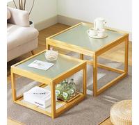 JDPYURV Ensemble Bambou De 2 Tables Gigogne Carré Plateau en Verre Trempé,Table Basse Moderne Verre Amovible,Convient Aux Salons, Chambres Et Bureaux(B)