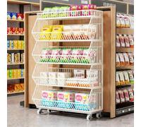 JDPYURV Étagère à Snacks de Supermarché à 5 Niveaux avec roulettes, Présentoir Alimentaire Blanc en Fil Métallique, Rayonnage Vertical Présentoir Snacks Supermarché(White,L 120CM/47.2IN)