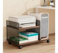 JDPYURV Mobile Printer Shelf, Mobile Printer Stand with 4 Swivel Wheels, 2-Tier Wooden & Iron Mesh Cart, Compact Rolling Organizer for Home Office, Multiple Color Options(Black Frame - Teak Board)