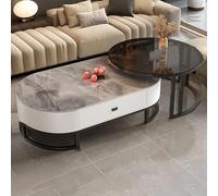 JDPYURV Moderne Table Basse Ovale Plateau en Ardoise Et Table Ronde Plateau en Verre Trempé,Ensemble De 2 Tables Gigogne Tiroir,pour Salon Chambre À Coucher Petits Espaces(E,120+80cm/47.2+31.4in)