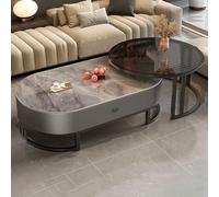 JDPYURV Moderne Table Basse Ovale Plateau en Ardoise Et Table Ronde Plateau en Verre Trempé,Ensemble De 2 Tables Gigogne Tiroir,pour Salon Chambre À Coucher Petits Espaces(H,120+80cm/47.2+31.4in)