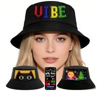 JDVOOTD Bob LED Lumineux Bucket Hat Programmable Via App, Chapeau Bluetooth avec Écran à Défilement de Texte, Style Cyberpunk Tenue de Festival Rave pour Homme Femme, USB-C Noir