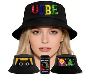 JDVOOTD Bob LED Lumineux Bucket Hat Programmable Via App, Chapeau Bluetooth avec Écran à Défilement de Texte, Style Cyberpunk Tenue de Festival Rave pour Homme Femme, USB-C Noir