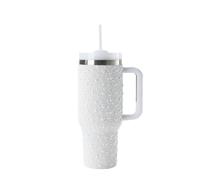 JDZYFFS 40oz Verre A Eau - Gobelet Isotherme À Perles Et Strass, 100% Acier Inoxydable Étanche, Avec Poignée, Couvercle Et Paille, Base Compatible Avec Les Porte-gobelets.(White)
