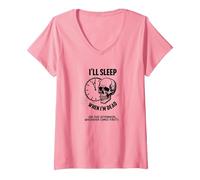 Je dormirai Quand Je Serai Mort ou This Afternoon Funny Skull T-Shirt avec Col en V, Femme, Rose, XL
