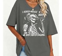 Je me suis demandé si j'allais bien - Un t-shirt col V avec un crâne, un t-shirt satirique et humoristique sur la santé mentale, un t-shirt graphique vintage usé, et un Top t-shirt graphique pour femm