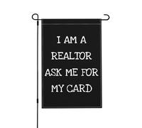 Je suis agent immobilier. Demandez-moi ma carte. Drapeau de jardin vertical double face 30 x 45 cm (12 x 18 pouces), décoration murale ou de jardin. Bannière de bienvenue.