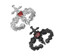 Je suis forte comme tout - Bague ouverte avec épée et rose noire, bague gothique avec rose et amour-propre, bijou vintage ajustable avec épée ouverte pour femmes (2pcs A)