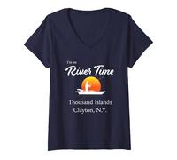 Je suis sur River Time - Thousand Islands Clayton NY St. Lawrence T-Shirt avec Col en V, Femme, Bleu Marine, XXL