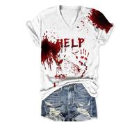 Je Vais Bien Halloween T-Shirt Femme Motif Éclaboussures de Sang Horreur Tee Shirt Deguisement Halloween Manches Courtes Col V Sanglant Hauts pour Femme