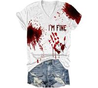 Je Vais Bien T Shirt Femme Bloody Horror Halloween Tee Shirt Col V à Manches Courtes Sanglant T-Shirts Halloween Costume Femme Grande Taille Ample Horreur Hauts
