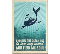 Je vais dans l'océan pour perdre la tête et trouver mon âme. Affiche vintage sirène, décoration murale, cadeau pour les amoureux des contes de fées, petite amie, impression encadrée sur toile