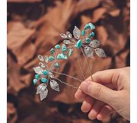 Jeairts Turquoise Hair Pins Silver Leaf Wedding Hair Pieces Glitter Rhinestone Headpiece Hair Clips Crystal Bridal Hair Accessories for Women and Girls(Pack of 2)