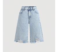 Jean 3/4 en denim vieilli à ourlet asymétrique pour adolescentes des années 90, taille haute rétro, pantalon droit large, short en denim non élastique, pantalon décontracté polyvalent pour l'été, tenu