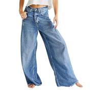 Jean à jambe large pour femme, tendance, taille haute, jeans pour femme, coupe droite, ourlet brut, pantalon décontracté, jean palazzo, petite, vintage, pantalon évasé, confortable, bleu, M