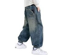 Jean Ado Garcon Slim, Jean Baggy pour garçon, Coupe Droite, avec Poches, Taille élastique, Effet usé, déchiré, avec Trous.