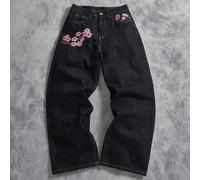 Jean ample à jambes larges avec broderie de fleurs de pêcher, style décontracté chic, style années 90, Saint-Valentin, Y2K, printemps à été, look vintage L,M,S,XL,XS,XXLPlantesJean